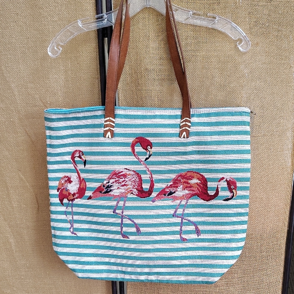 NWOT, Flamingo Tote Bag with Leather Handles